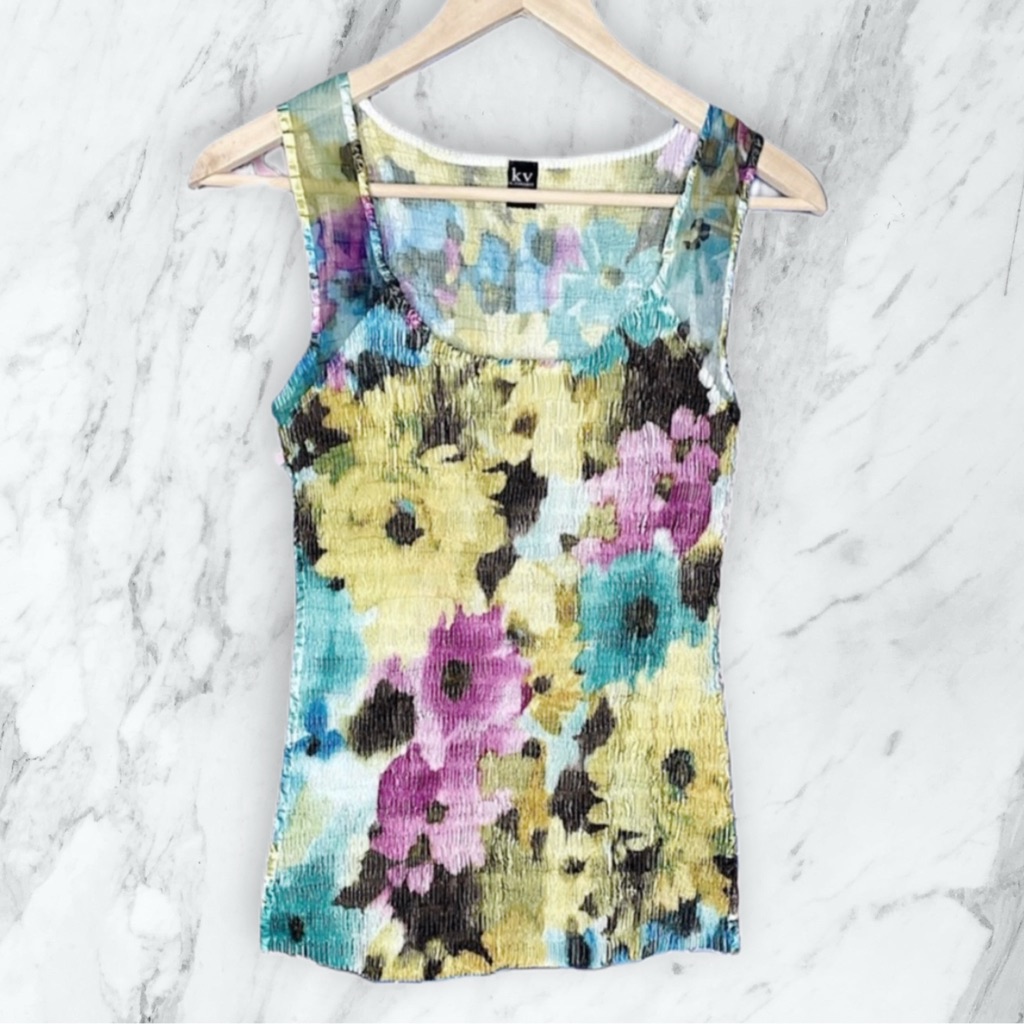 Komarov Nordstrom Sheer Shiny Crinkle Multicolored Floral Tank Top Blouse